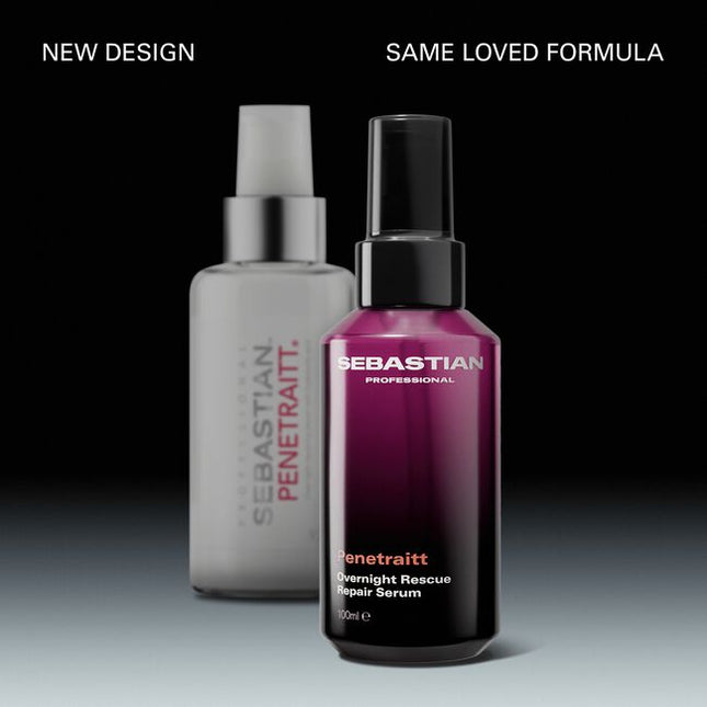 Sebastian Professional Penetraitt Overnight Rescue Repair Serum, a softening, smoothing hair serum. This serum repairs damage and leaves hair replenished and ready to style. With hyaluronic acid and niacinamide for a deep dive hair rescue. Penetraitt Overnight Repair—a hair serum that loves stressed hair.