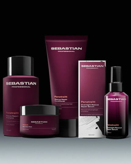 Sebastian Professional Penetraitt Overnight Rescue Repair Serum, a softening, smoothing hair serum. This serum repairs damage and leaves hair replenished and ready to style. With hyaluronic acid and niacinamide for a deep dive hair rescue. Penetraitt Overnight Repair—a hair serum that loves stressed hair.