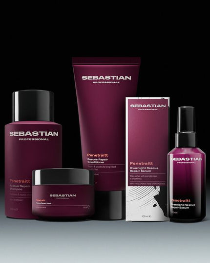 Sebastian Professional Penetraitt Rescue Repair Shampoo, a rich and creamy shampoo for stressed, damaged hair. It provides cleansing nourishment, with D-panthenol helping repair damage to smoothness and shine for revived hair. Penetraitt Shampoo, a shampoo that loves stressed hair.