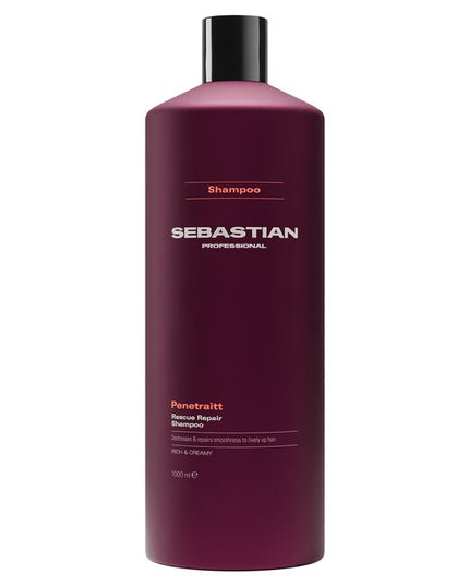 Sebastian Professional Penetraitt Rescue Repair Shampoo, a rich and creamy shampoo for stressed, damaged hair. It provides cleansing nourishment, with D-panthenol helping repair damage to smoothness and shine for revived hair. Penetraitt Shampoo, a shampoo that loves stressed hair.