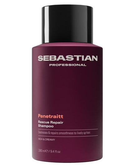 Sebastian Professional Penetraitt Rescue Repair Shampoo, a rich and creamy shampoo for stressed, damaged hair. It provides cleansing nourishment, with D-panthenol helping repair damage to smoothness and shine for revived hair. Penetraitt Shampoo, a shampoo that loves stressed hair.