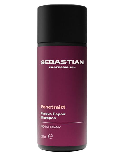 Sebastian Professional Penetraitt Rescue Repair Shampoo, a rich and creamy shampoo for stressed, damaged hair. It provides cleansing nourishment, with D-panthenol helping repair damage to smoothness and shine for revived hair. Penetraitt Shampoo, a shampoo that loves stressed hair.