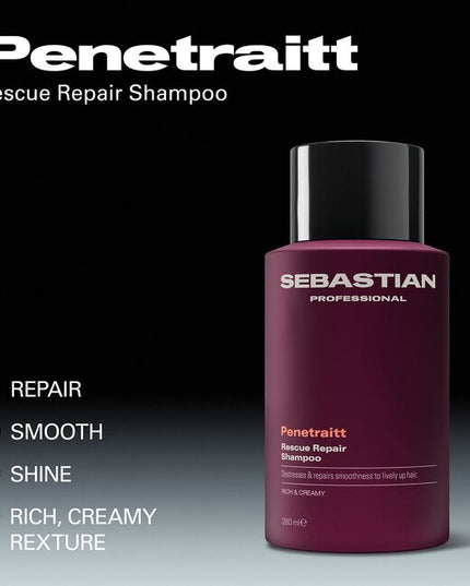Sebastian Professional Penetraitt Rescue Repair Shampoo, a rich and creamy shampoo for stressed, damaged hair. It provides cleansing nourishment, with D-panthenol helping repair damage to smoothness and shine for revived hair. Penetraitt Shampoo, a shampoo that loves stressed hair.