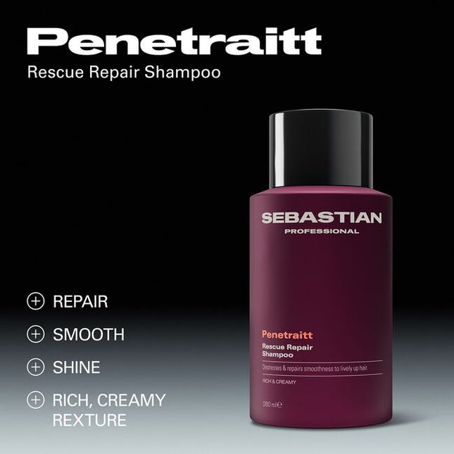 Sebastian Professional Penetraitt Rescue Repair Shampoo, a rich and creamy shampoo for stressed, damaged hair. It provides cleansing nourishment, with D-panthenol helping repair damage to smoothness and shine for revived hair. Penetraitt Shampoo, a shampoo that loves stressed hair.