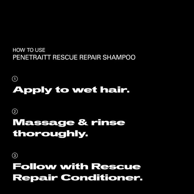 Sebastian Professional Penetraitt Rescue Repair Shampoo, a rich and creamy shampoo for stressed, damaged hair. It provides cleansing nourishment, with D-panthenol helping repair damage to smoothness and shine for revived hair. Penetraitt Shampoo, a shampoo that loves stressed hair.