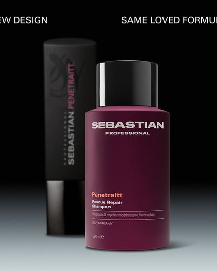 Sebastian Professional Penetraitt Rescue Repair Shampoo, a rich and creamy shampoo for stressed, damaged hair. It provides cleansing nourishment, with D-panthenol helping repair damage to smoothness and shine for revived hair. Penetraitt Shampoo, a shampoo that loves stressed hair.