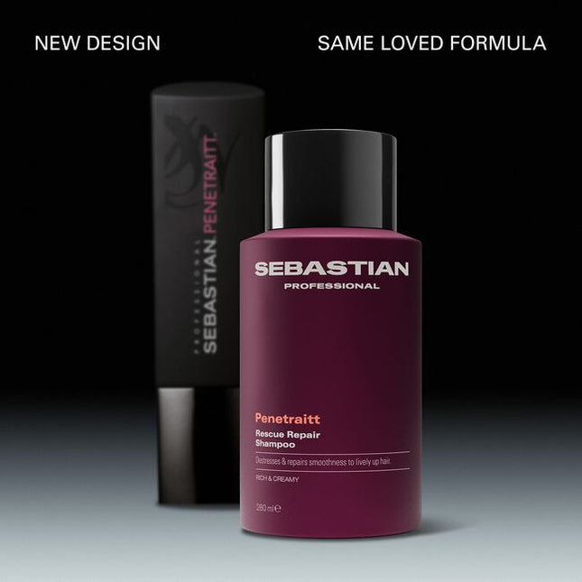 Sebastian Professional Penetraitt Rescue Repair Shampoo, a rich and creamy shampoo for stressed, damaged hair. It provides cleansing nourishment, with D-panthenol helping repair damage to smoothness and shine for revived hair. Penetraitt Shampoo, a shampoo that loves stressed hair.