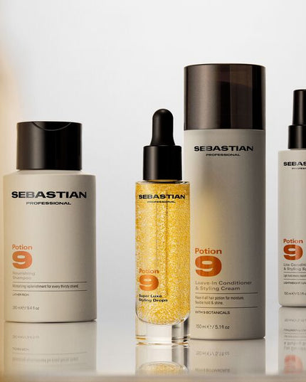 Sebastian Professional Potion 9 Leave-In Conditioner & Styling Cream, our iconic hybrid leave-in and styling cream designed to moisturize and shape hair. Delivers flexible hold, shine, and soft movement—ideal for cocktailing or creating custom styles. Formulated with 9 plant botanicals.
