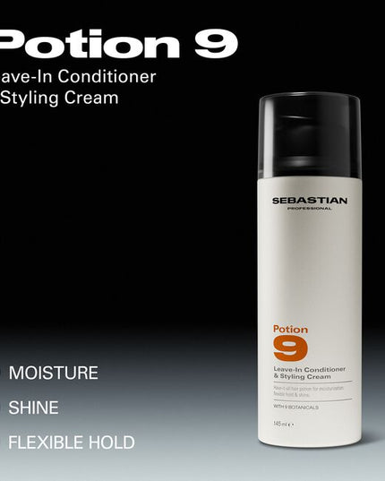 Sebastian Professional Potion 9 Leave-In Conditioner & Styling Cream, our iconic hybrid leave-in and styling cream designed to moisturize and shape hair. Delivers flexible hold, shine, and soft movement—ideal for cocktailing or creating custom styles. Formulated with 9 plant botanicals.