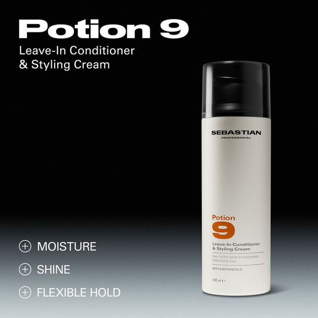 Sebastian Professional Potion 9 Leave-In Conditioner & Styling Cream, our iconic hybrid leave-in and styling cream designed to moisturize and shape hair. Delivers flexible hold, shine, and soft movement—ideal for cocktailing or creating custom styles. Formulated with 9 plant botanicals.