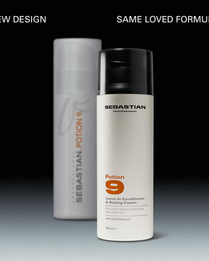 Sebastian Professional Potion 9 Leave-In Conditioner & Styling Cream, our iconic hybrid leave-in and styling cream designed to moisturize and shape hair. Delivers flexible hold, shine, and soft movement—ideal for cocktailing or creating custom styles. Formulated with 9 plant botanicals.