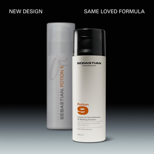 Sebastian Professional Potion 9 Leave-In Conditioner & Styling Cream, our iconic hybrid leave-in and styling cream designed to moisturize and shape hair. Delivers flexible hold, shine, and soft movement—ideal for cocktailing or creating custom styles. Formulated with 9 plant botanicals.