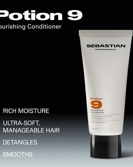 Sebastian Professional Potion 9 Nourishing Conditioner, is a creamy conditioner that delivers rich moisturization for more manageable hair. With nine botanicals, the formula is super-powered to deliver rich moisturization for ultra-soft, more manageable hair. Helps ease detangling for ease in styling and a smooth finish.