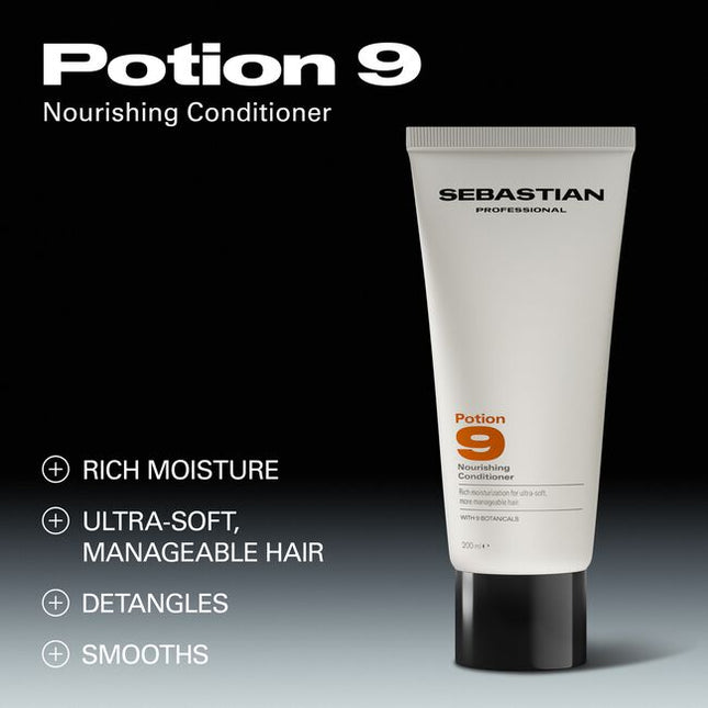 Sebastian Professional Potion 9 Nourishing Conditioner, is a creamy conditioner that delivers rich moisturization for more manageable hair. With nine botanicals, the formula is super-powered to deliver rich moisturization for ultra-soft, more manageable hair. Helps ease detangling for ease in styling and a smooth finish.