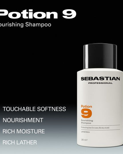 Sebastian Professional Potion 9 Nourishing Shampoo, is a rich-lathering shampoo nourishes and provides deep moisture to dry, depleted strands, leaving hair touchably soft, clean, and ready for creating a style transformation. A moisture-rich cleanse for hair in need of a reset.