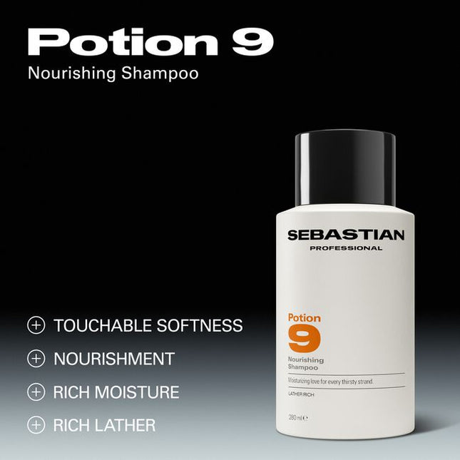 Sebastian Professional Potion 9 Nourishing Shampoo, is a rich-lathering shampoo nourishes and provides deep moisture to dry, depleted strands, leaving hair touchably soft, clean, and ready for creating a style transformation. A moisture-rich cleanse for hair in need of a reset.