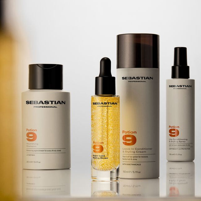 Sebastian Professional Potion 9 Super Luxe Styling Drops - discover drops that do it all. This lightweight hybrid multi-benefit treatment plus styler in one delivers 9 powerful benefits starting with every drop. Infused with micro-encapsulated pearls and boosted with 9 plant botanicals. This styling super power provides 9 benefits including: moisture, 72hr frizz control, protect from heat and UV, reduces breakage and split ends, shine, control, and defines your style.