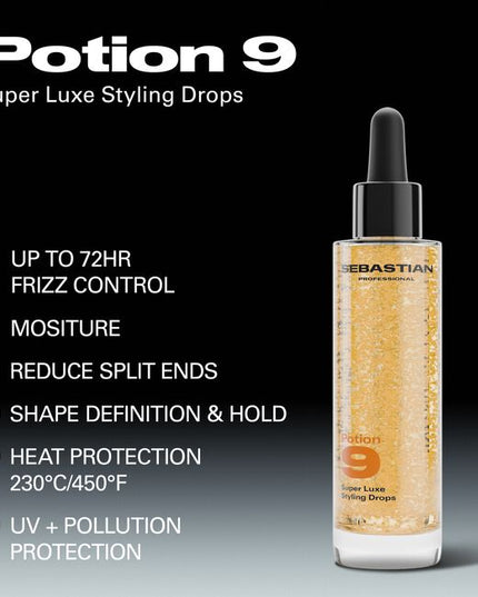 Sebastian Professional Potion 9 Super Luxe Styling Drops - discover drops that do it all. This lightweight hybrid multi-benefit treatment plus styler in one delivers 9 powerful benefits starting with every drop. Infused with micro-encapsulated pearls and boosted with 9 plant botanicals. This styling super power provides 9 benefits including: moisture, 72hr frizz control, protect from heat and UV, reduces breakage and split ends, shine, control, and defines your style.