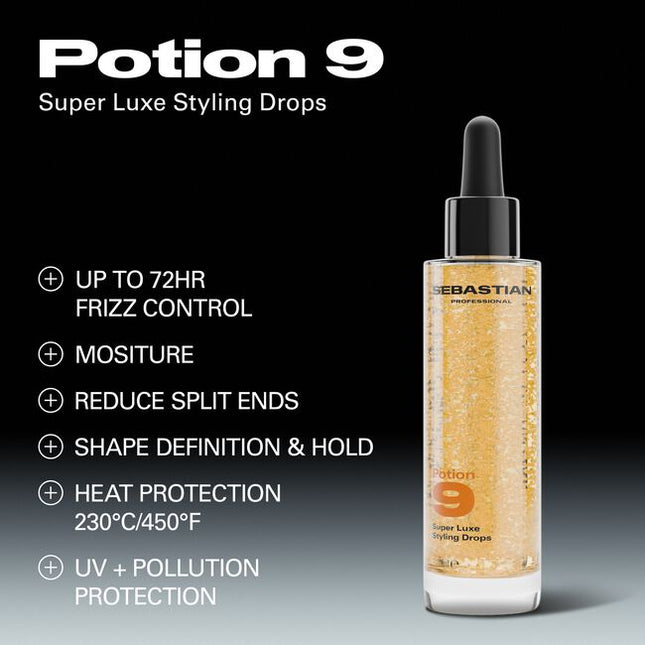 Sebastian Professional Potion 9 Super Luxe Styling Drops - discover drops that do it all. This lightweight hybrid multi-benefit treatment plus styler in one delivers 9 powerful benefits starting with every drop. Infused with micro-encapsulated pearls and boosted with 9 plant botanicals. This styling super power provides 9 benefits including: moisture, 72hr frizz control, protect from heat and UV, reduces breakage and split ends, shine, control, and defines your style.