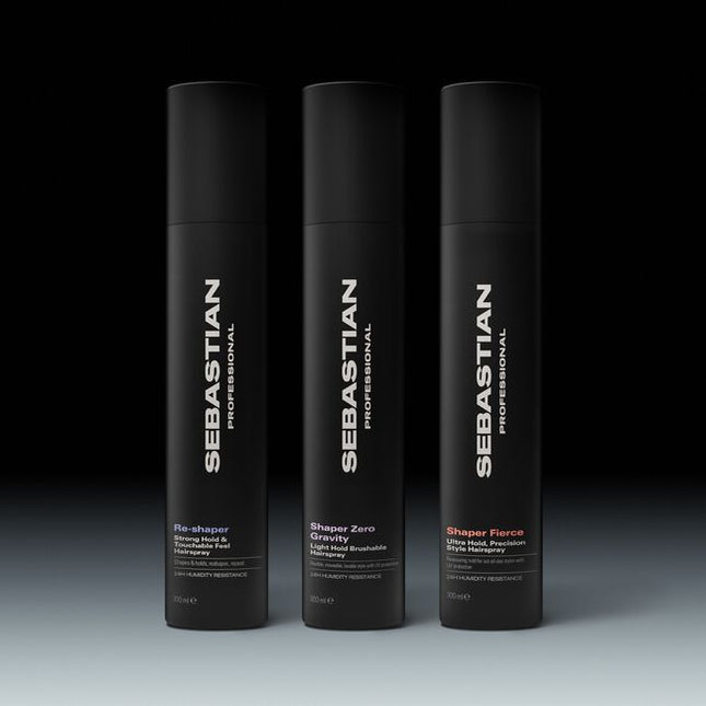 Sebastian Professional Reshaper Strong Hold & Touchable Feel Hairspray, a shaping spray for limitless styling, boasting 24-hour humidity resistance and UV protection. Change your look, boost your roots, or keep your style in place. Sebastian Reshaper—a styling spray that loves all hair types.