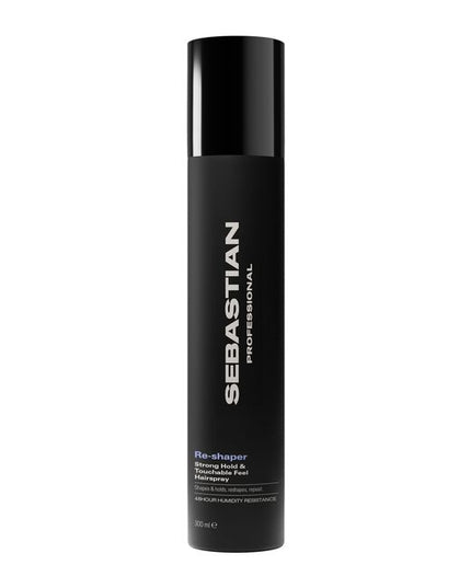 Sebastian Professional Reshaper Strong Hold & Touchable Feel Hairspray, a shaping spray for limitless styling, boasting 24-hour humidity resistance and UV protection. Change your look, boost your roots, or keep your style in place. Sebastian Reshaper—a styling spray that loves all hair types.