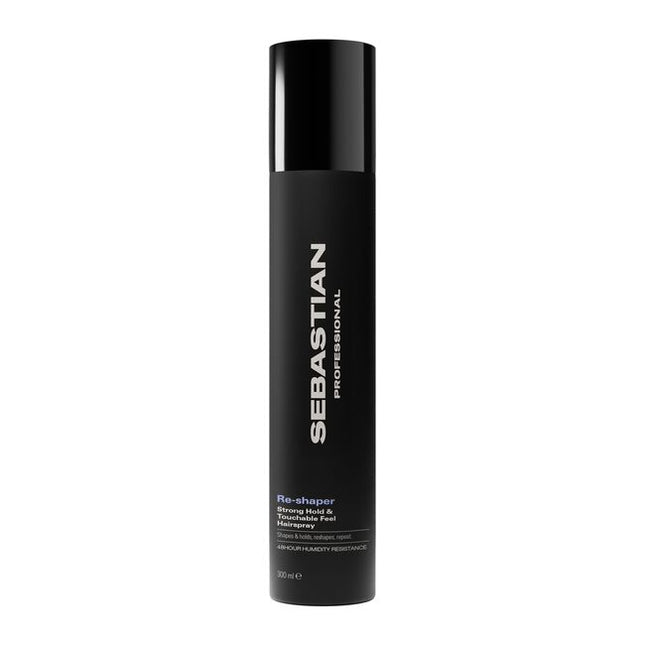 Sebastian Professional Reshaper Strong Hold & Touchable Feel Hairspray, a shaping spray for limitless styling, boasting 24-hour humidity resistance and UV protection. Change your look, boost your roots, or keep your style in place. Sebastian Reshaper—a styling spray that loves all hair types.