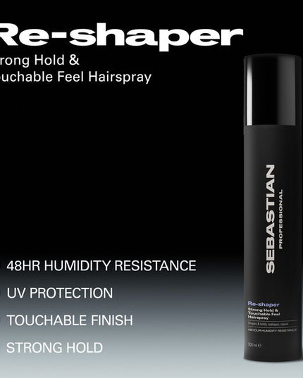 Sebastian Professional Reshaper Strong Hold & Touchable Feel Hairspray, a shaping spray for limitless styling, boasting 24-hour humidity resistance and UV protection. Change your look, boost your roots, or keep your style in place. Sebastian Reshaper—a styling spray that loves all hair types.