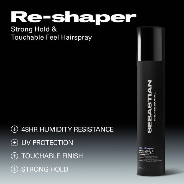 Sebastian Professional Reshaper Strong Hold & Touchable Feel Hairspray, a shaping spray for limitless styling, boasting 24-hour humidity resistance and UV protection. Change your look, boost your roots, or keep your style in place. Sebastian Reshaper—a styling spray that loves all hair types.