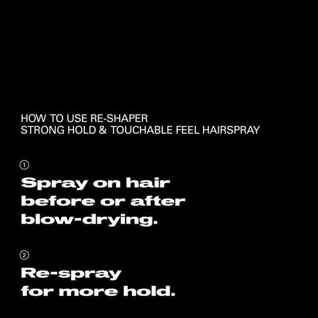 Sebastian Professional Reshaper Strong Hold & Touchable Feel Hairspray, a shaping spray for limitless styling, boasting 24-hour humidity resistance and UV protection. Change your look, boost your roots, or keep your style in place. Sebastian Reshaper—a styling spray that loves all hair types.