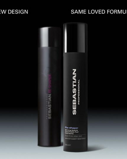 Sebastian Professional Reshaper Strong Hold & Touchable Feel Hairspray, a shaping spray for limitless styling, boasting 24-hour humidity resistance and UV protection. Change your look, boost your roots, or keep your style in place. Sebastian Reshaper—a styling spray that loves all hair types.