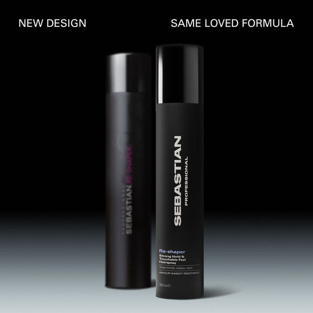 Sebastian Professional Reshaper Strong Hold & Touchable Feel Hairspray, a shaping spray for limitless styling, boasting 24-hour humidity resistance and UV protection. Change your look, boost your roots, or keep your style in place. Sebastian Reshaper—a styling spray that loves all hair types.