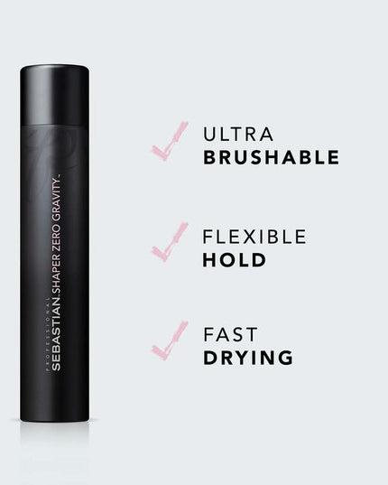 This flash-dry brushable hairspray has a lightweight flexible control that defies gravity. Shaper Zero Gravity has control so light that you hardly know it's there; creating a touchable, moveable style with flexible hold and a satiny finish.