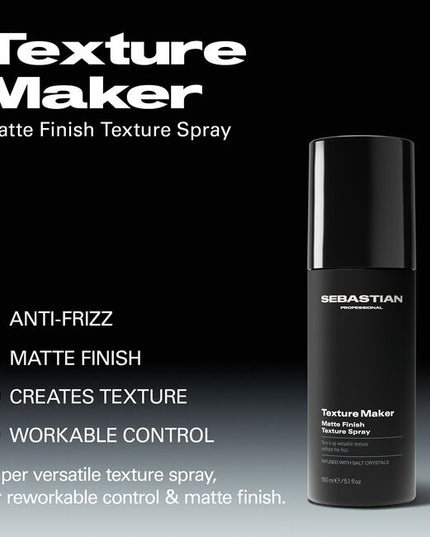 Get turn-it-up texture without the frizz. Sebastian Professional Texture Maker Matte Finish Texture Spray is super versatile, giving reworkable control & a matte finish. Infused with salt crystals, this hairspray loves all hair types.