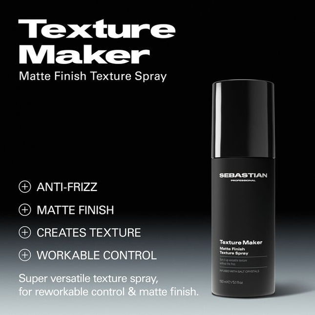 Get turn-it-up texture without the frizz. Sebastian Professional Texture Maker Matte Finish Texture Spray is super versatile, giving reworkable control & a matte finish. Infused with salt crystals, this hairspray loves all hair types.