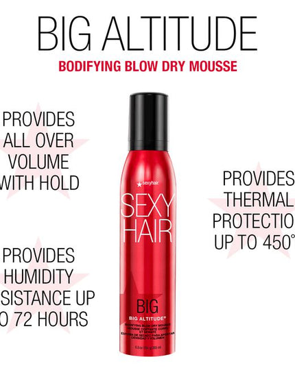 Level-up your locks with Big Altitude Bodifying Blow Dry Mousse, a lock-lifting volumizer that provides up to 100% more volume and up to 48 hours of style memory and all-over fullness. With a gorgeous satin shine finish and no product feel, this medium-hold, lightweight styler is formulated to withstand humidity for up to 72 hours, helping to significantly reduce frizz.
