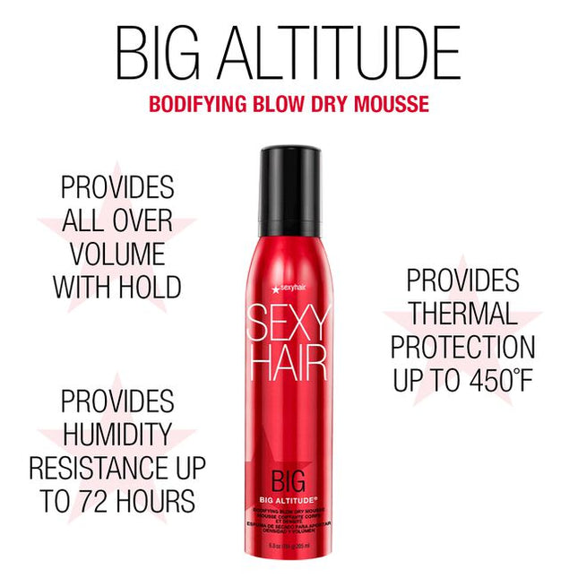Level-up your locks with Big Altitude Bodifying Blow Dry Mousse, a lock-lifting volumizer that provides up to 100% more volume and up to 48 hours of style memory and all-over fullness. With a gorgeous satin shine finish and no product feel, this medium-hold, lightweight styler is formulated to withstand humidity for up to 72 hours, helping to significantly reduce frizz.