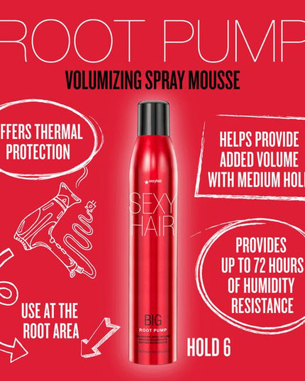 From mist to mousse. Root Pump Volumizing Spray Mousse creates volume and fullness with long-lasting style memory up to 48 hours. Designed for fine to medium hair types, this root-lifting mousse builds all-over body while providing humidity resistance and a flexible medium hold.
