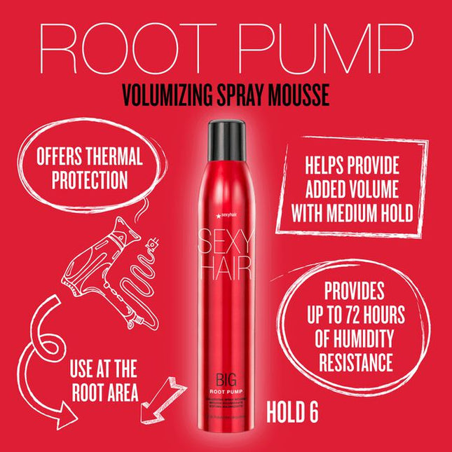 From mist to mousse. Root Pump Volumizing Spray Mousse creates volume and fullness with long-lasting style memory up to 48 hours. Designed for fine to medium hair types, this root-lifting mousse builds all-over body while providing humidity resistance and a flexible medium hold.