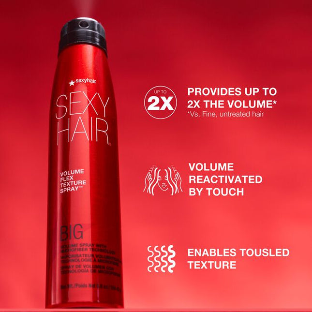 Flex that volume! Volume Flex Texture Spray is formulated with fiber technology and provides volume by up to 2x.