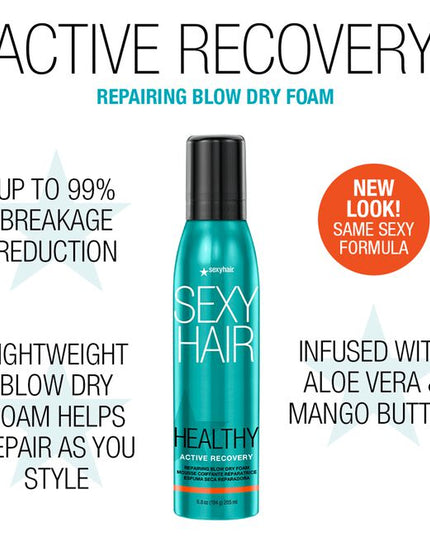 Ideal for all hair types, SexyHair Healthy Active Recovery Repairing Blow Dry Foam is a lightweight blow-dry foam that helps to repair damaged hair while you style. It strengthens the hair, reducing breakage by up to 99%, while also improving hair manageability &amp; smoothness without weighing it down.