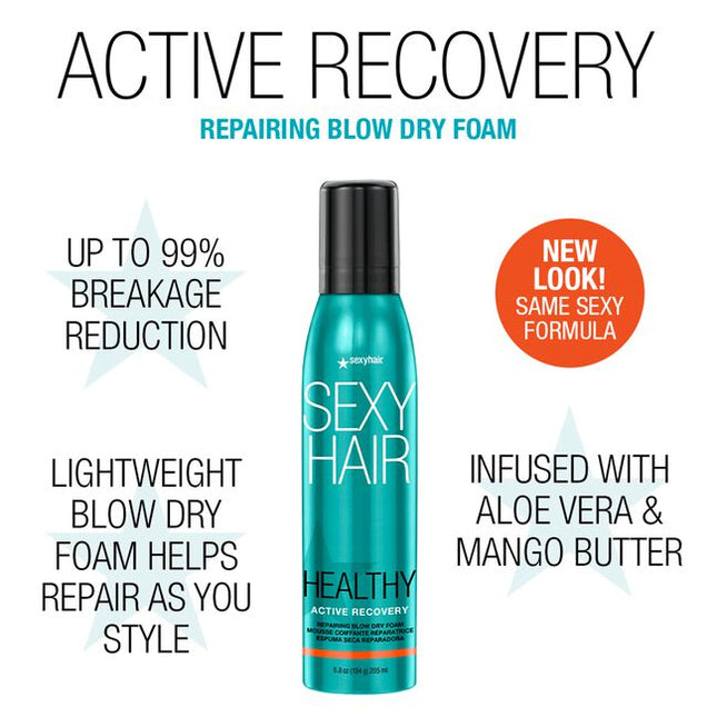 Ideal for all hair types, SexyHair Healthy Active Recovery Repairing Blow Dry Foam is a lightweight blow-dry foam that helps to repair damaged hair while you style. It strengthens the hair, reducing breakage by up to 99%, while also improving hair manageability &amp; smoothness without weighing it down.