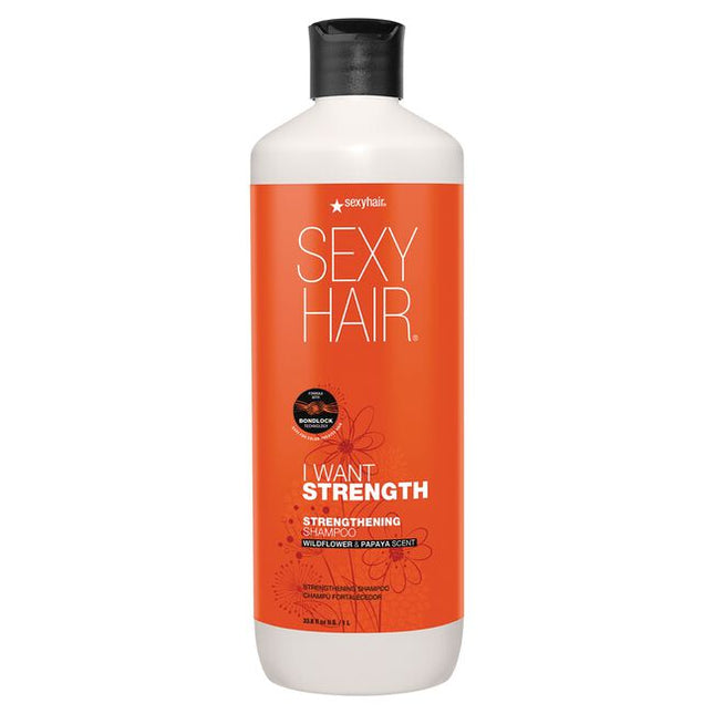vel up your hair game with SexyHair Strengthening Shampoo. This formula with BondLock Technology* is color-safe and reduces breakage up to 73%**. Let your hair's strength** shine through after just one use.

*After each wash
**Against combing breakage on color-damaged hair when using shampoo + conditioner vs. a non-conditioning shampoo