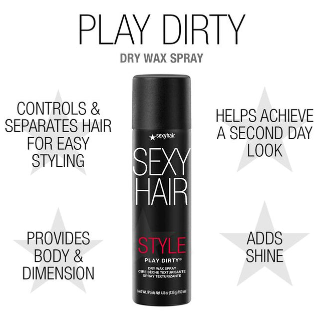 Take control of your style with the functionality of a workable wax the ease of a styling spray. Play Dirty Dry Wax Spray is a medium hold wax that builds texture, dimension and separation. Formulated for all hair types and styles for both men and women, this multi-functional styler delivers volume and body that lasts up to 48 hours while providing humidity resistance up to 72 hours.