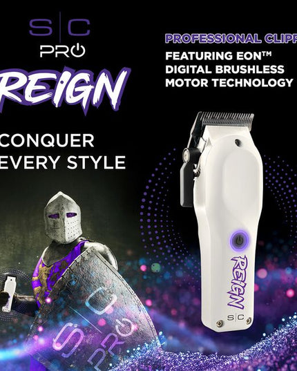 Engineered and designed by professional barbers for those who dominate, the S|C Pro Reign Clipper is a professional powerhouse made to rule over every head of hair it comes across. Featuring our whisper-quiet EON digital brushless motor with 7,800 RPM, offers legendary power and control. Fading, debulking, or refining? It doesn’t matter. This tool commands it all.