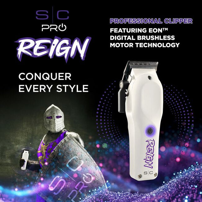Engineered and designed by professional barbers for those who dominate, the S|C Pro Reign Clipper is a professional powerhouse made to rule over every head of hair it comes across. Featuring our whisper-quiet EON digital brushless motor with 7,800 RPM, offers legendary power and control. Fading, debulking, or refining? It doesn’t matter. This tool commands it all.