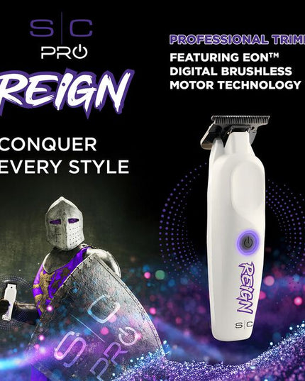 Ready to take on a new dynasty with your detailing game? Designed by a barber who doesn't play with quality, the S|C Pro Reign Trimmer brings nobility-grade sharpness, speed, and control to every lineup, neckline, and fine detail. 