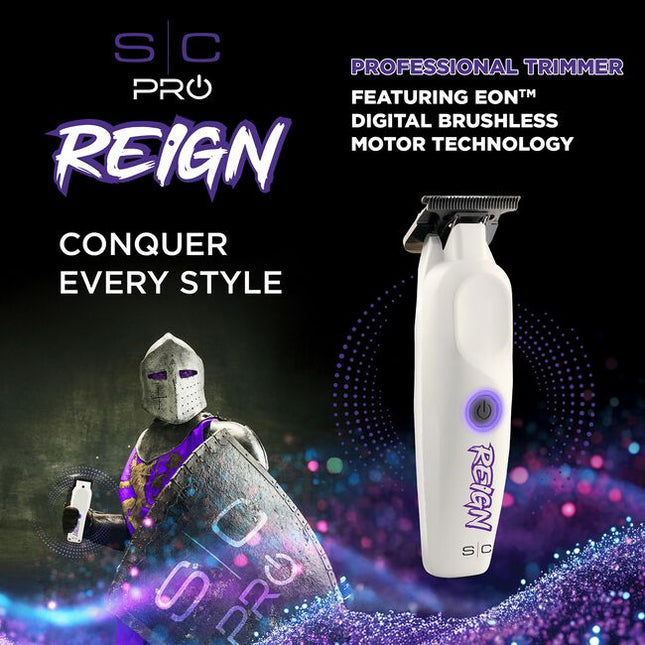 Ready to take on a new dynasty with your detailing game? Designed by a barber who doesn't play with quality, the S|C Pro Reign Trimmer brings nobility-grade sharpness, speed, and control to every lineup, neckline, and fine detail. 