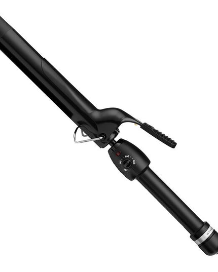 Achieve stunning, quality curls with the StyleCraft Extended Barrel Black Gold Curling Iron.The ceramic barrel is coated emitting negative ions that seal the hair cuticles to significantly reduce frizz and enhance shine. Engineered for durability, the piano wire spiraling grip features a resilient spring mechanism that guarantees reliable opening and closing of the clamp. 