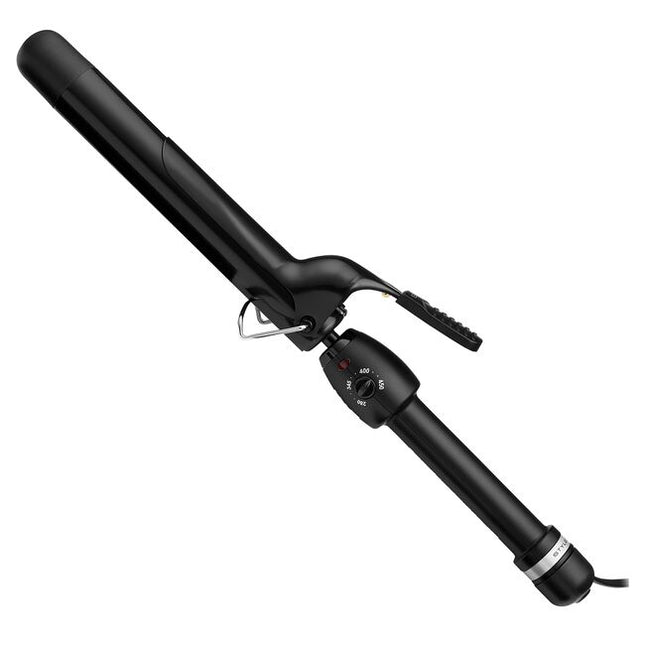 Achieve stunning, quality curls with the StyleCraft Extended Barrel Black Gold Curling Iron.The ceramic barrel is coated emitting negative ions that seal the hair cuticles to significantly reduce frizz and enhance shine. Engineered for durability, the piano wire spiraling grip features a resilient spring mechanism that guarantees reliable opening and closing of the clamp. 