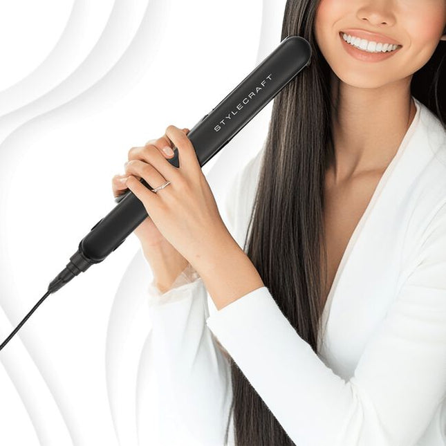 Designed to meet the high demands of professional stylists, this premium flat iron is an essential tool for any bustling salon. Engineered with 1-inch ultra-thin, long titanium plates, it glides effortlessly through each section of hair, delivering smooth, polished results with precision.